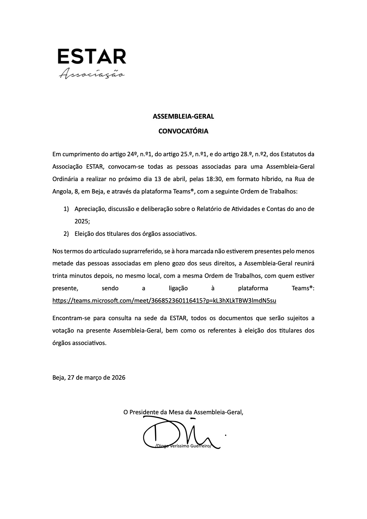 ESTAR: Convocatória para Assembleia-Geral Extraordinária