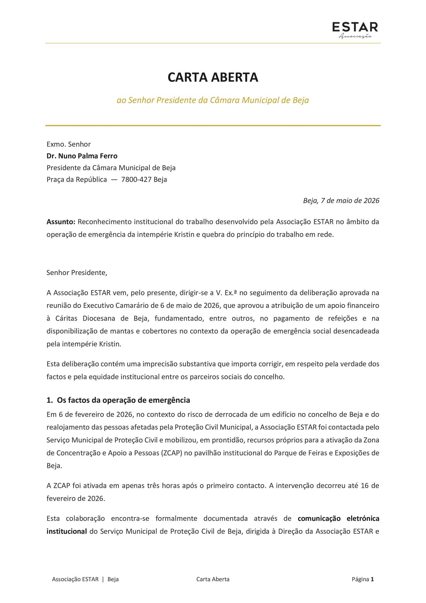 ESTAR: Carta Aberta à Câmara Municipal de Beja