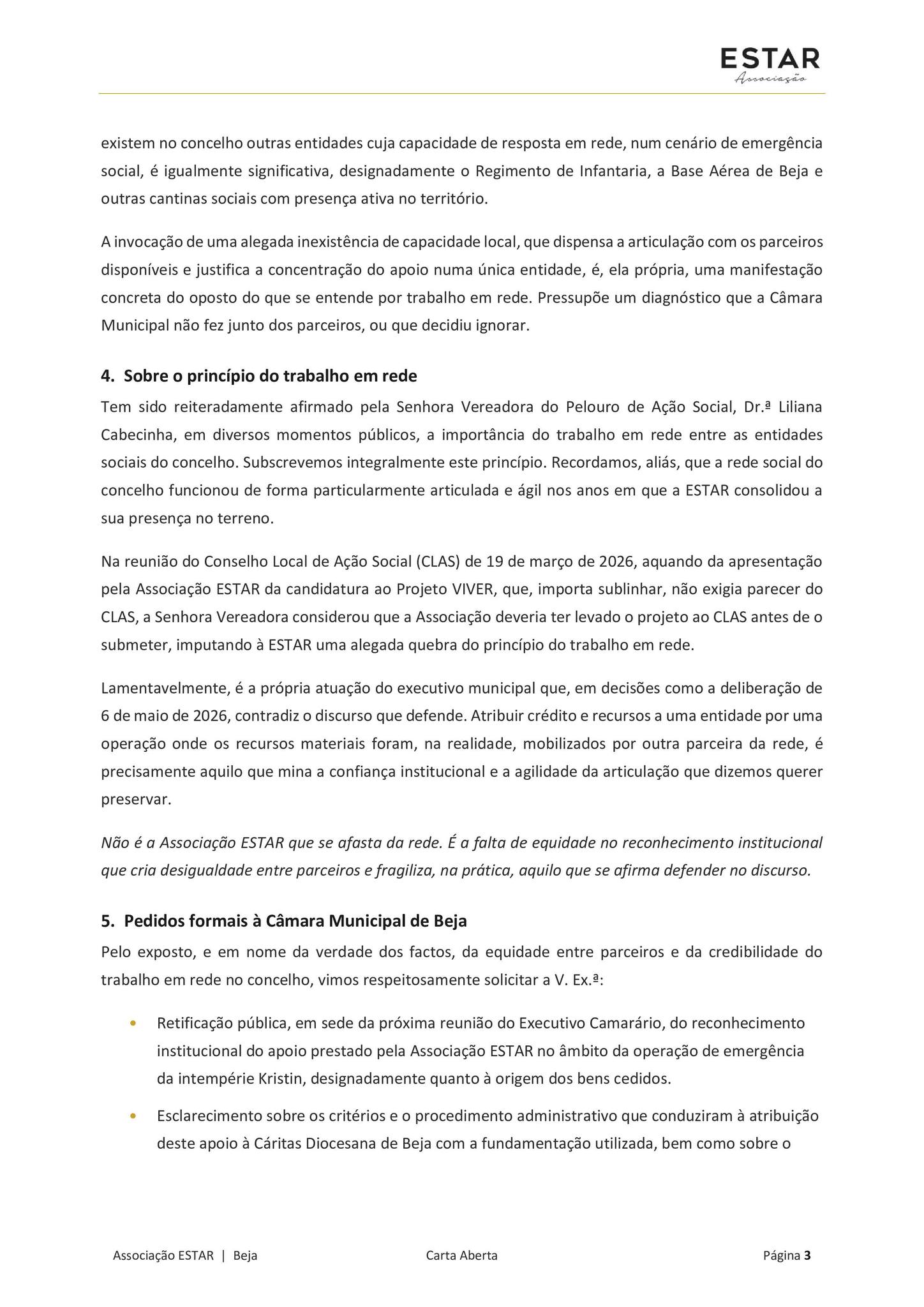 ESTAR: Carta Aberta à Câmara Municipal de Beja
